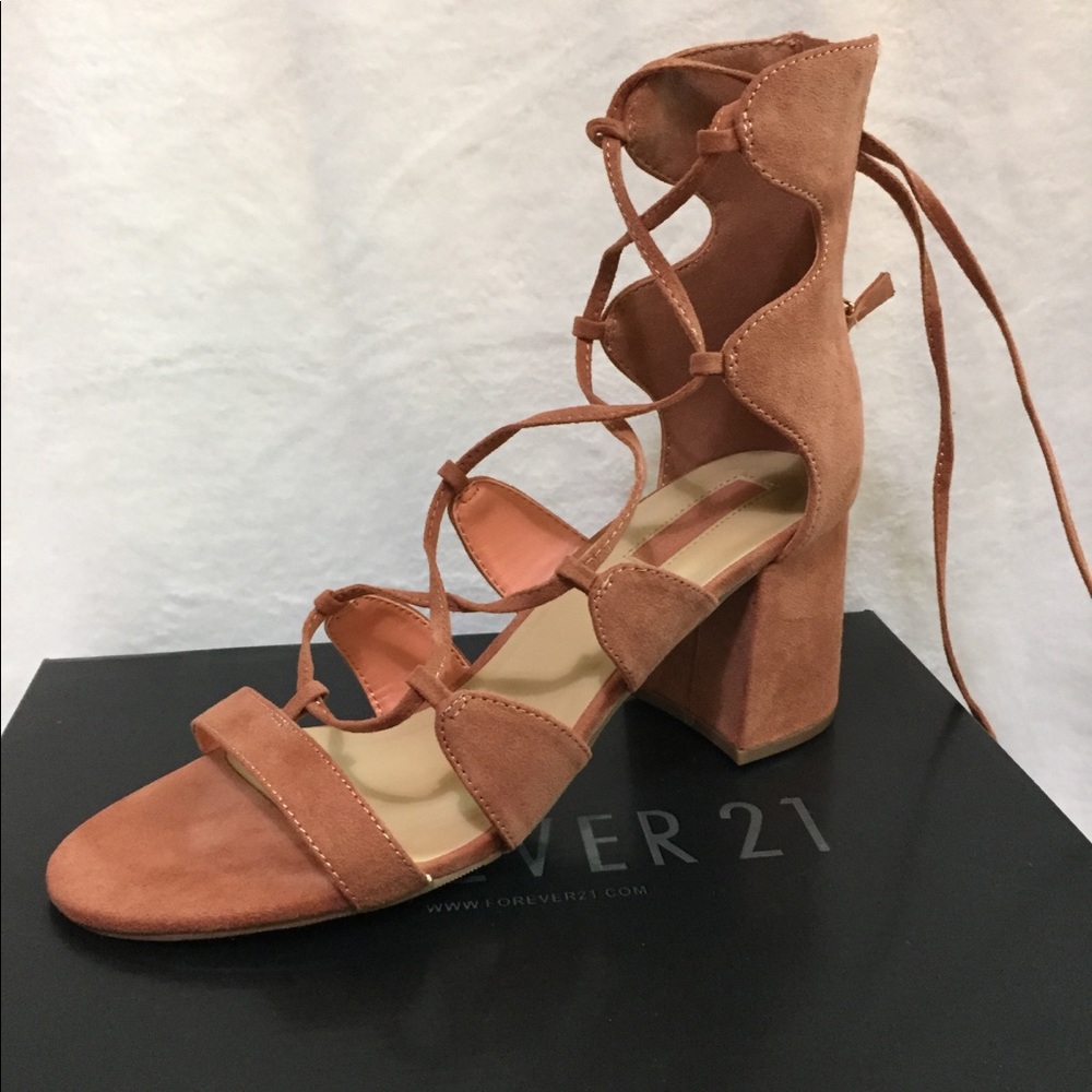 Dusty pink block heels with leg laces